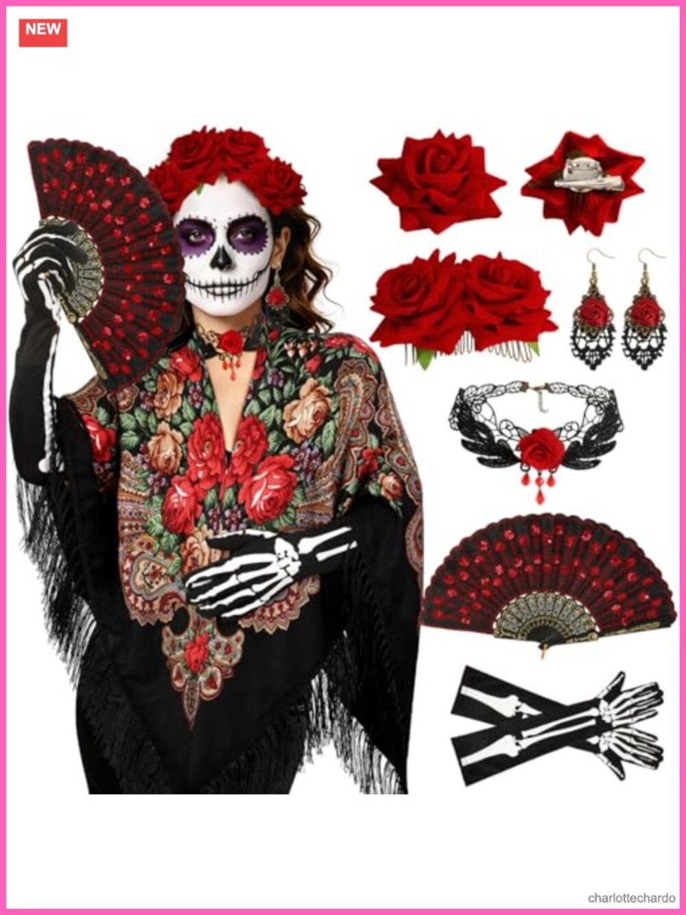 Dia de los Muertos Costume Set Tassel Shawl Fan Rose Hair Clips 8 Pc